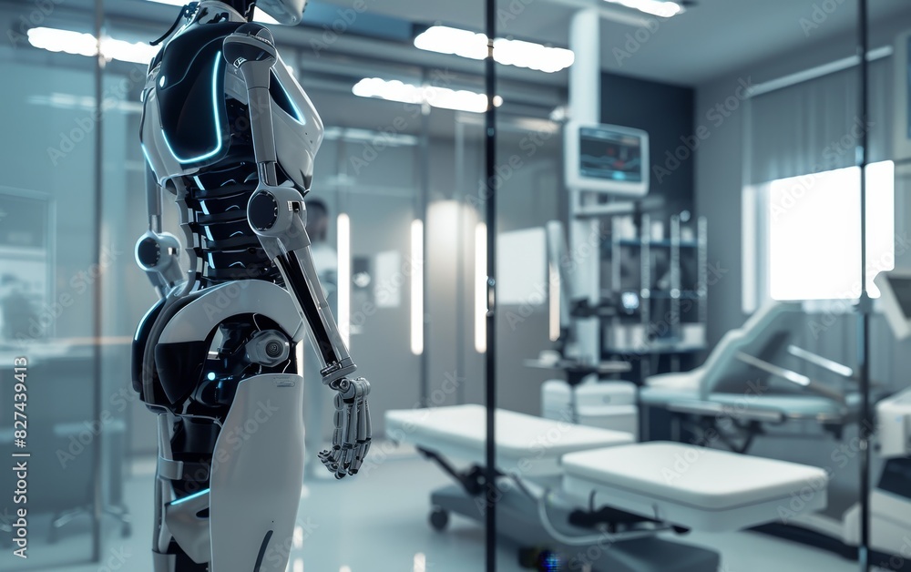 Fototapeta premium High-tech medical robot in a modern clinic, representing the future of healthcare and advanced technology in medicine.