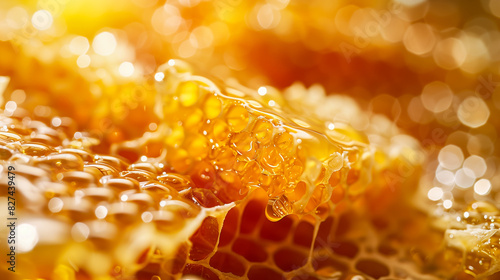 Macro shot of honeycomb structure, filled with honey