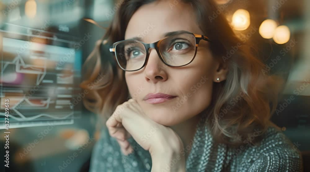 A stylish woman with glasses gazes thoughtfully out a window, lost in contemplation of the world beyond A stylish woman with glasses gazes thoughtfully out a window, lost in contemplation of the world beyond