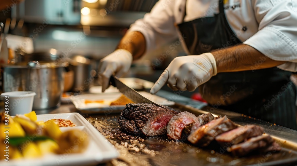 A professional kitchen with a chef in action, slicing through a large, cooked picanha steak, ready to be plated and served A professional kitchen with a chef in action, slicing through a large, cooked picanha steak, ready to be plated and served