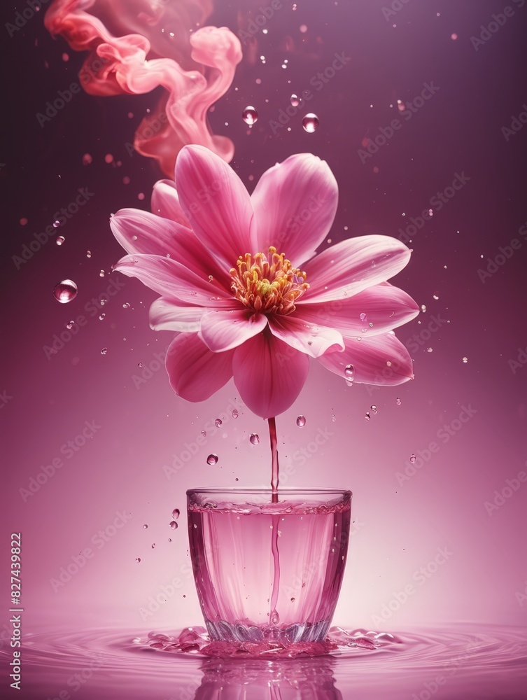 Bright pink and peach colored flower a splash of water. Suitable for spa theme. Banner poster, background. Copy space. Bright pink and peach colored flower a splash of water. Suitable for spa theme. Banner poster, background. Copy space.