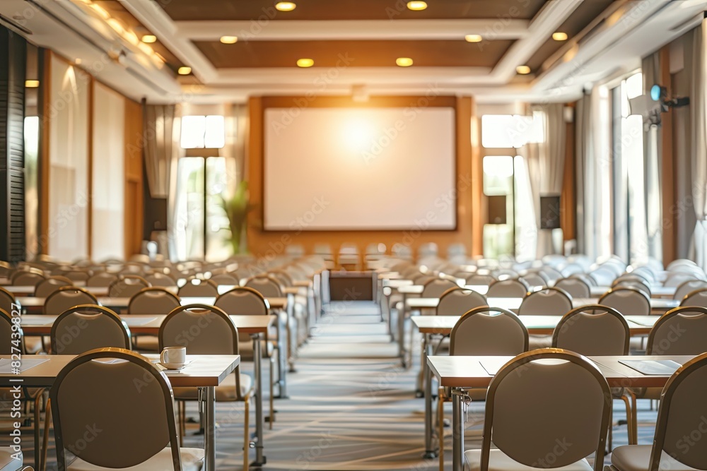 A large conference room with a white screen and rows of chairs. The chairs are empty and the room is mostly empty A large conference room with a white screen and rows of chairs. The chairs are empty and the room is mostly empty
