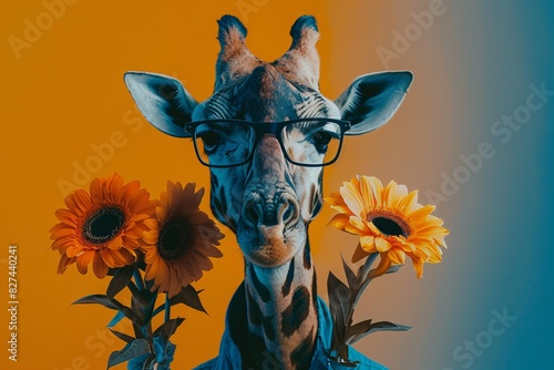 a giraffe wearing glasses and holding flowers