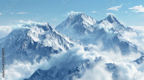 A view from the summit of a mountain shrouded in clouds with snow-capped peaks visible in the distance. Generative AI