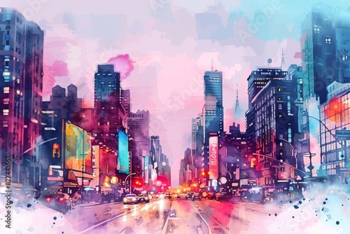 A watercolor painting of a vibrant cityscape with skyscrapers and busy streets.