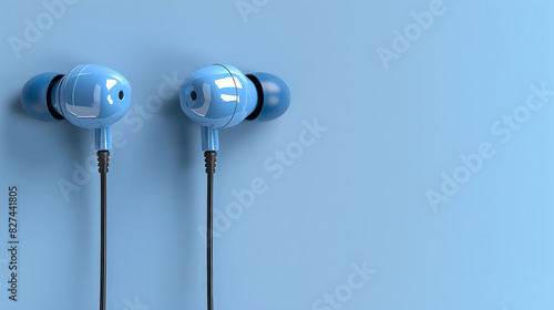 blue inear headphones on matching blue background with copy space photo