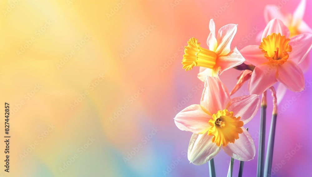 Fototapeta premium Daffodils on bright gradient background with copy space, Beautiful banner design for Motherâ€™s Day, Valentine or Birthday
