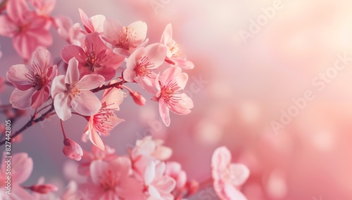 Cherry Blossoms on romantic gradient background with copy space, Beautiful banner design for Motherâ€™s Day, Valentine or Birthday