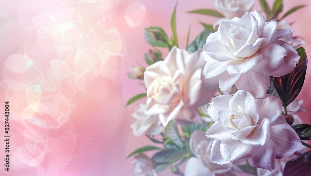 Gardenias on dreamy gradient background with copy space, Beautiful banner design for Mother’s Day, Valentine or Birthday Gardenias on dreamy gradient background with copy space, Beautiful banner design for Mother’s Day, Valentine or Birthday