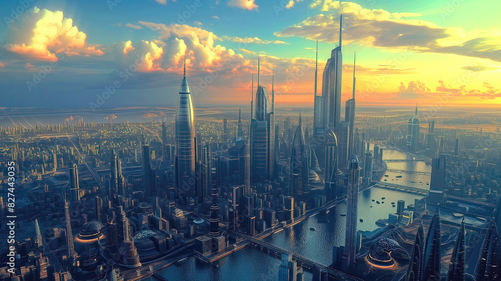 Future city 3D scene. Futuristic cityscape illustration with fantastic skyscrapers, towers, tall buildings, flying vehicles. Sci fi metropolis town panorama at sunset. Future city 3D scene. Futuristic cityscape illustration with fantastic skyscrapers, towers, tall buildings, flying vehicles. Sci fi metropolis town panorama at sunset.