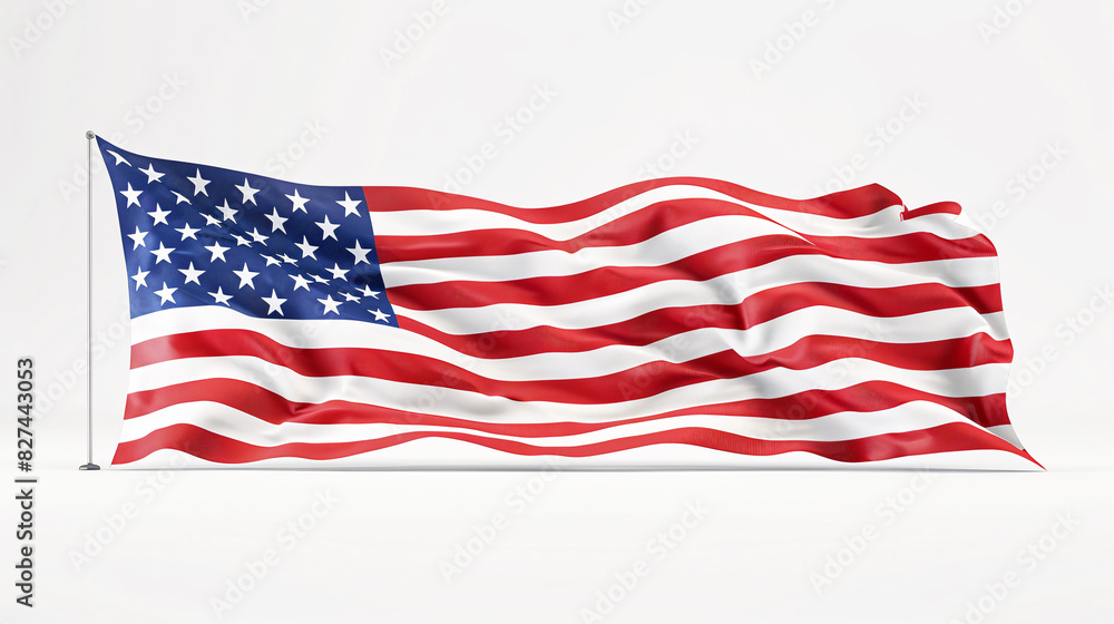 Fototapeta premium Elegant display of the USA flag against a pristine white background, with its bold colors and crisp lines symbolizing the nation's strength and resilience.