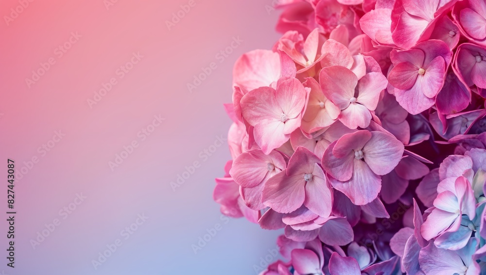 Hydrangeas on soothing gradient background with copy space, Beautiful banner design for Mother’s Day, Valentine or Birthday Hydrangeas on soothing gradient background with copy space, Beautiful banner design for Mother’s Day, Valentine or Birthday