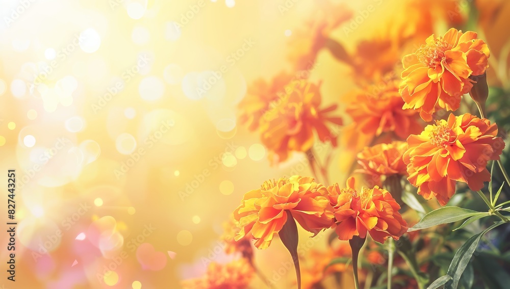 Marigolds on sunny gradient background with copy space, Beautiful banner design for Mother’s Day, Valentine or Birthday Marigolds on sunny gradient background with copy space, Beautiful banner design for Mother’s Day, Valentine or Birthday