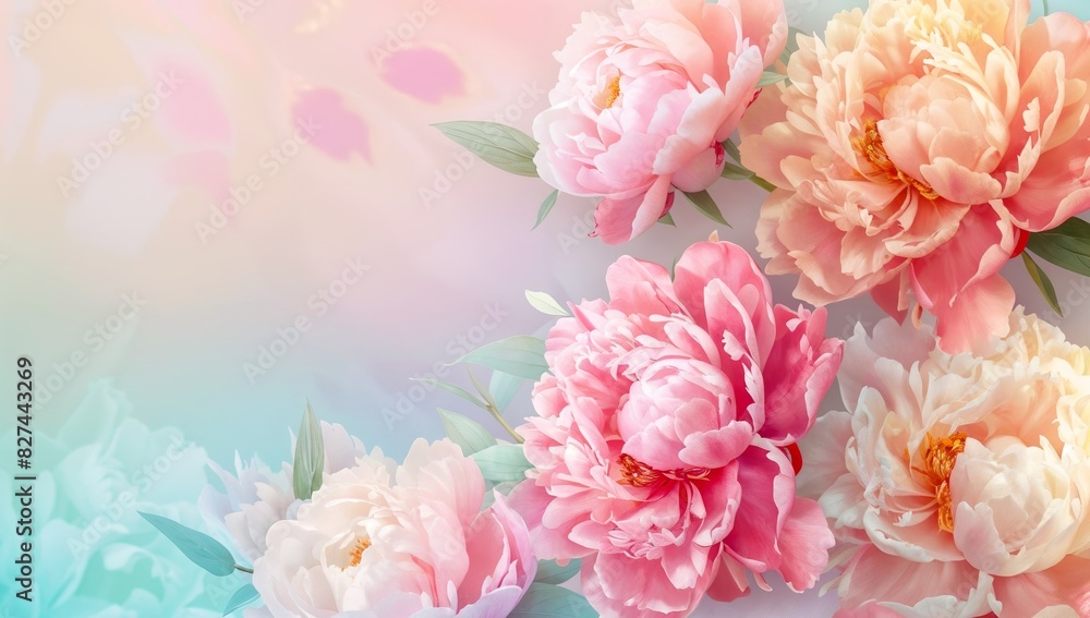 Peonies on pastel gradient background with copy space, Beautiful banner design for Mother’s Day, Valentine or Birthday Peonies on pastel gradient background with copy space, Beautiful banner design for Mother’s Day, Valentine or Birthday