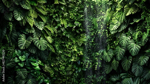 Lush green tropical rainforest foliage with dense leafy plants and soft sunlight filtering through, creating a serene and natural atmosphere. photo