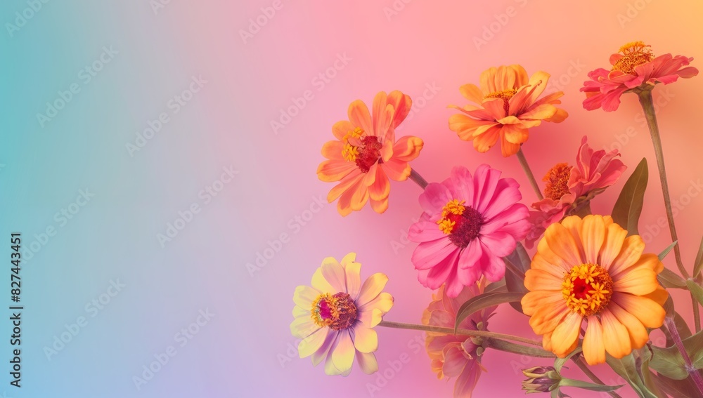 Zinnias on cheerful gradient background with copy space, Beautiful banner design for Mother’s Day, Valentine or Birthday Zinnias on cheerful gradient background with copy space, Beautiful banner design for Mother’s Day, Valentine or Birthday