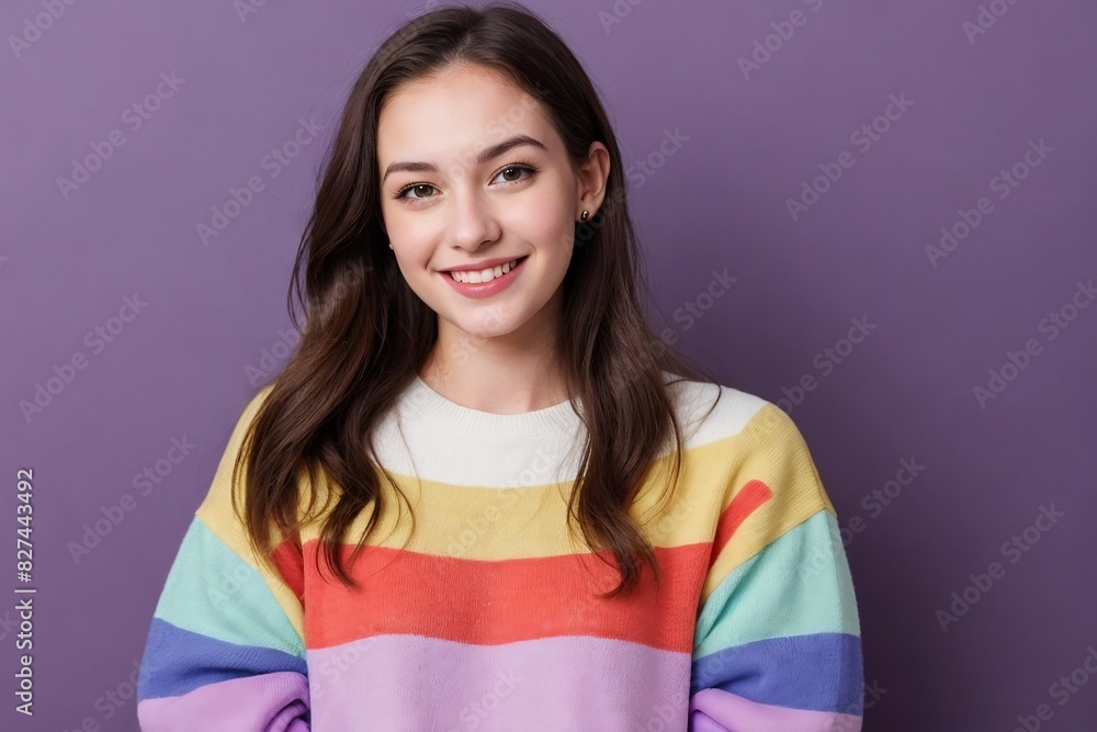 Cute young woman wearing a rainbow sweater, smiling and looking at the camera, standing on a purple background with copy space. Cute young woman wearing a rainbow sweater, smiling and looking at the camera, standing on a purple background with copy space.