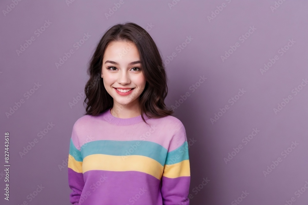 Cute young woman wearing a rainbow sweater, smiling and looking at the camera, standing on a purple background with copy space. Cute young woman wearing a rainbow sweater, smiling and looking at the camera, standing on a purple background with copy space.