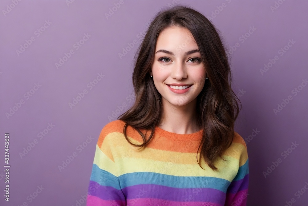 Fototapeta premium Cute young woman wearing a rainbow sweater, smiling and looking at the camera, standing on a purple background with copy space.