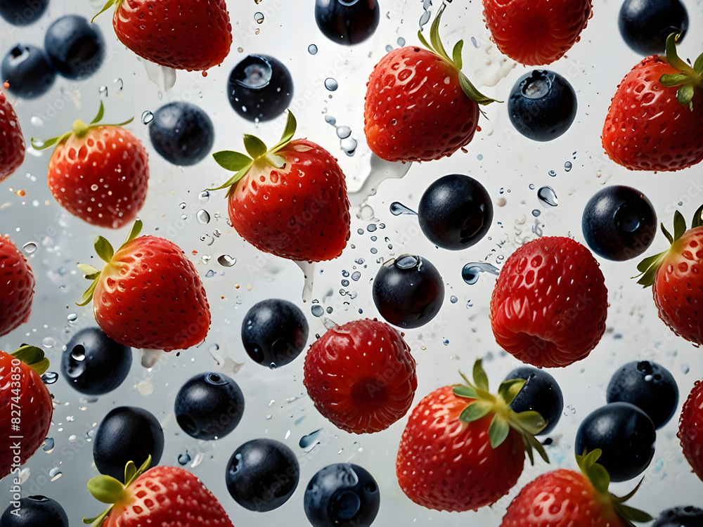 Berrylicious Delight Artistic Display of Fresh Strawberries, Raspberries, Blueberries, and Blackberries with Juicy Splashes on a Bright Background Berrylicious Delight Artistic Display of Fresh Strawberries, Raspberries, Blueberries, and Blackberries with Juicy Splashes on a Bright Background