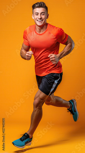 Athlete sporty male with muscles, isolated on vibrant background