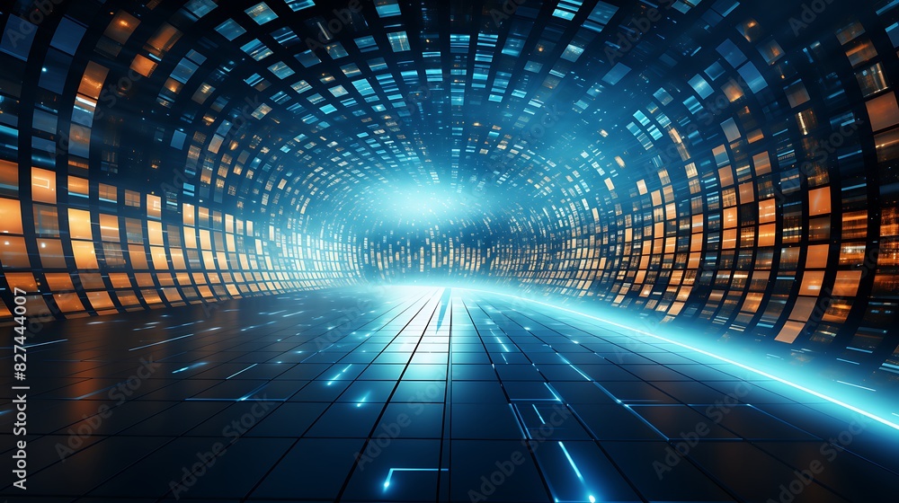Obraz premium Through time and space,Abstract tunnel, corridor with rays of light and new highlights. Abstract background, neon. Scene with rays and lines, Round arch, light in motion, night view. Neo-Academism Dat