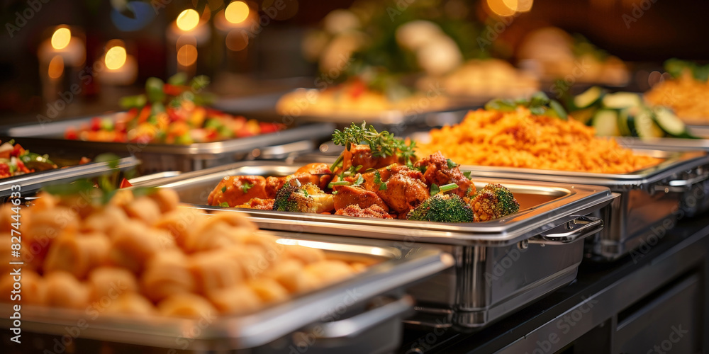 A long table with chafing dishes filled with delicious food, ready for an evening party. Group of people eating catering buffet food indoors at restaurant or wedding venue with colorful meat,vegetable A long table with chafing dishes filled with delicious food, ready for an evening party. Group of people eating catering buffet food indoors at restaurant or wedding venue with colorful meat,vegetable