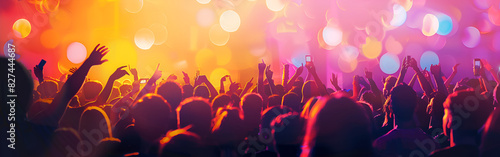Music Party Banner A dancing, Nightlife crowd at musical concert with colorful lights with shiny multicolour background