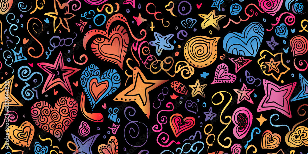 Doodle Wonderland: A whimsical pattern of hand-drawn doodles including stars, hearts, and swirls, adding a touch of fun and creativity to the background Doodle Wonderland: A whimsical pattern of hand-drawn doodles including stars, hearts, and swirls, adding a touch of fun and creativity to the background