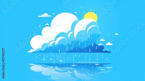 A whimsical flat 2d illustration portrays a white cloud and raindrops against a backdrop of a sunny blue sky embodying the overcast icon for a cartoon rain weather sign symbolizing a damp ra