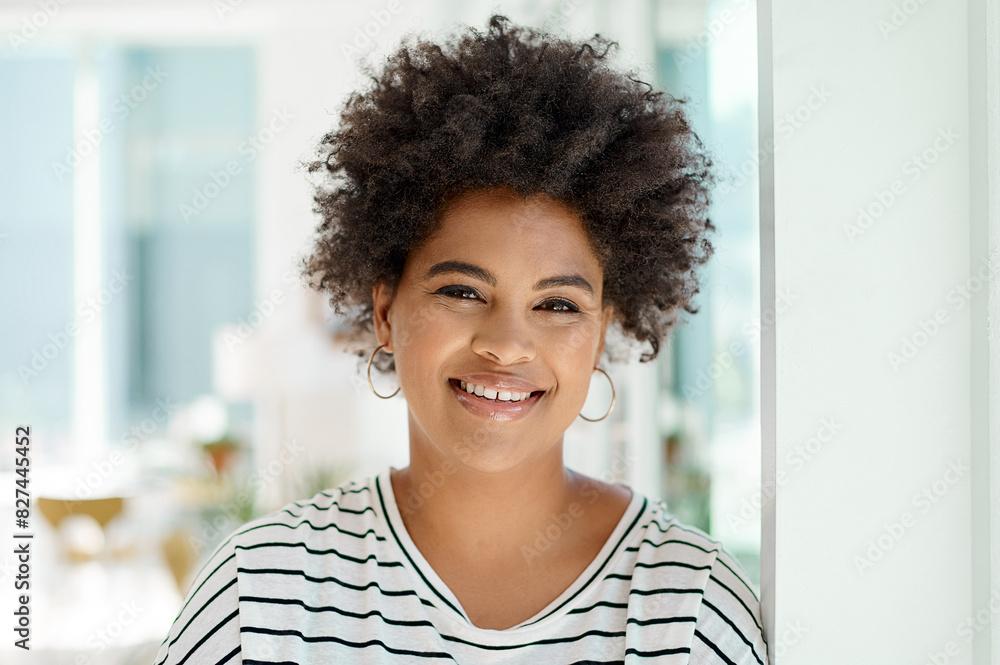 Fototapeta premium Portrait, businesswoman and smile in office with pride for work, small business and receptionist in creative agency. Personal assistant, startup and happiness with face, girl and career in New York