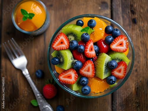 Delicious Fresh Fruit Salad with Strawberries, Blueberries, Kiwis, and Oranges in a Glass Bowl with Honey and Mint