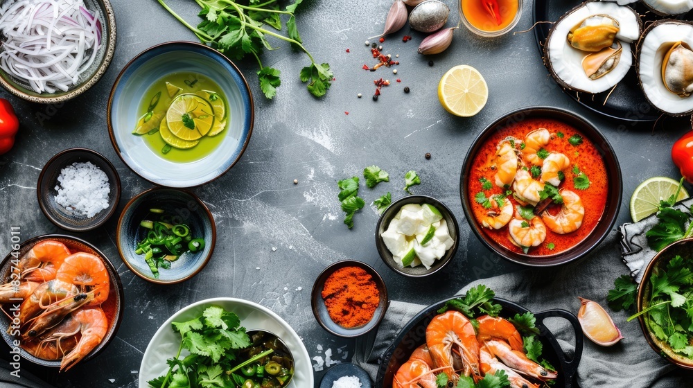 An overhead shot of a kitchen counter with ingredients for both Phanaeng Curry and ceviche mixto: coconut milk, curry paste, fresh seafood, lime, and cilantro An overhead shot of a kitchen counter with ingredients for both Phanaeng Curry and ceviche mixto: coconut milk, curry paste, fresh seafood, lime, and cilantro