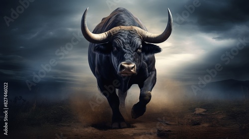 Powerful bull charging forward with dust clouds under dramatic stormy sky, symbolizing strength, determination, and raw energy.