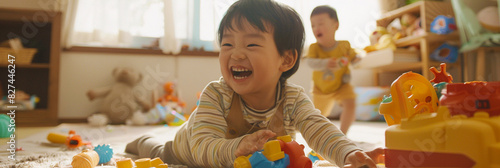 Images of children smiling and playing with lots of toys out.
