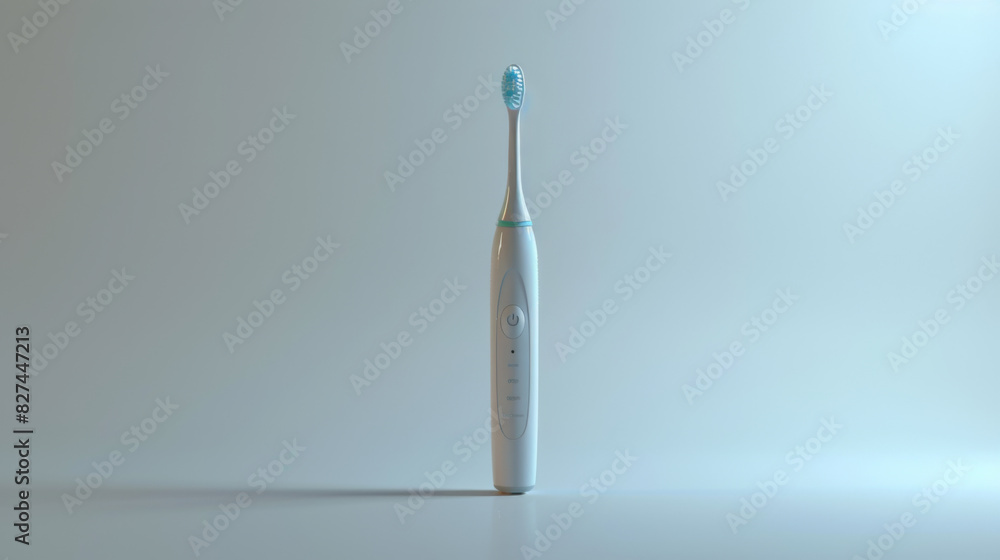 A modern electric toothbrush standing upright on a white background, highlighting its sleek design and hygiene functionality. A modern electric toothbrush standing upright on a white background, highlighting its sleek design and hygiene functionality.