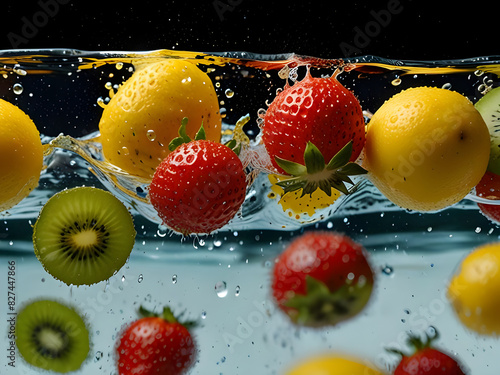 Dynamic Fruit Splash High-Speed Photography of Fresh Strawberries, Lemons, and Kiwi in Clear Water