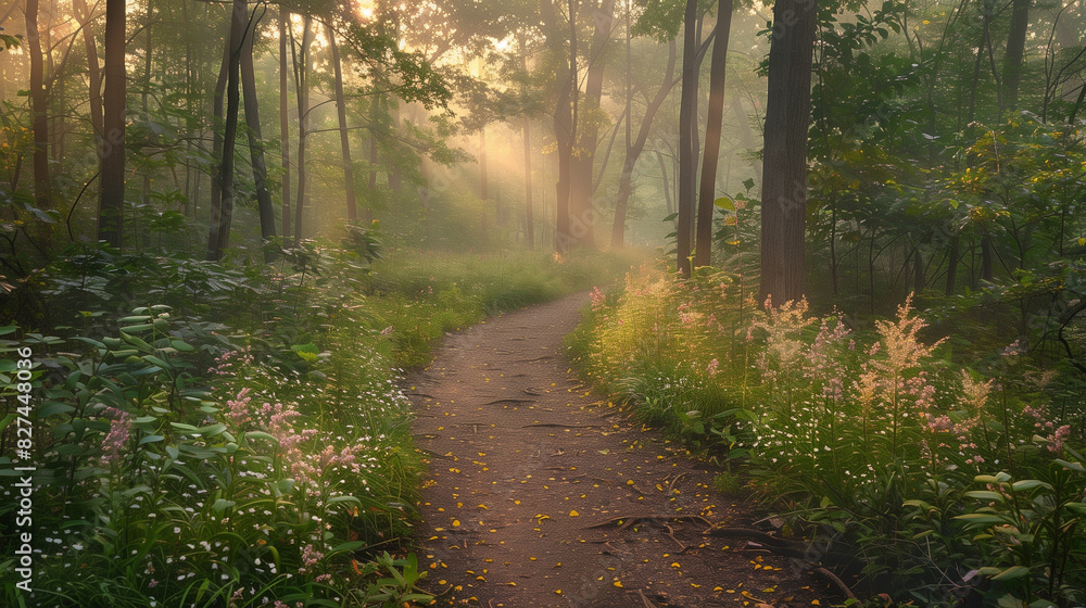 Forest Trail at Dawn;
 beauty of a forest trail at dawn. The soft, golden sunlight filters through the dense canopy, creating intricate patterns of light and shadow on the forest 