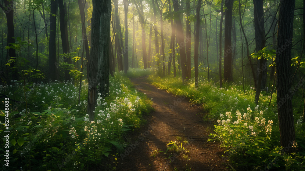 Forest Trail at Dawn;
 beauty of a forest trail at dawn. The soft, golden sunlight filters through the dense canopy, creating intricate patterns of light and shadow on the forest 