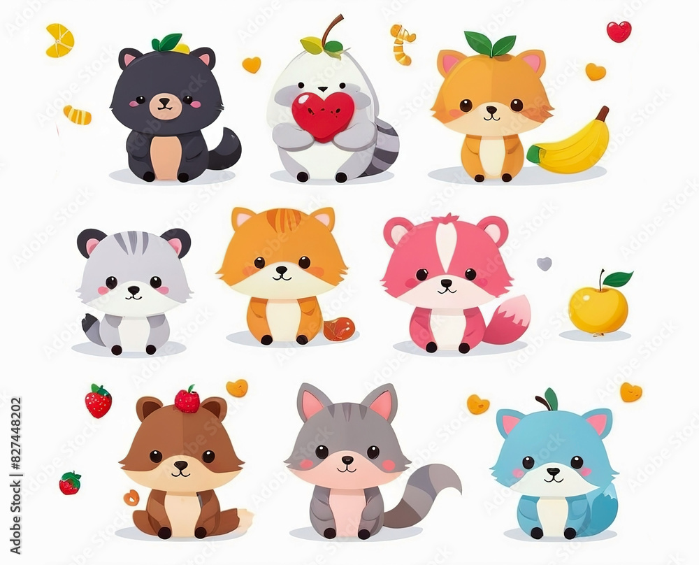 Set of cute cartoon animals Collection of wild and farm character designs, fruits, food, hearts.vector Illustration.Separate background Set of cute cartoon animals Collection of wild and farm character designs, fruits, food, hearts.vector Illustration.Separate background