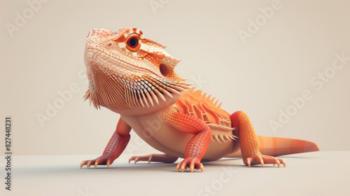 Portrait of a colorful orange bearded dragon lizard poised on a light surface. photo