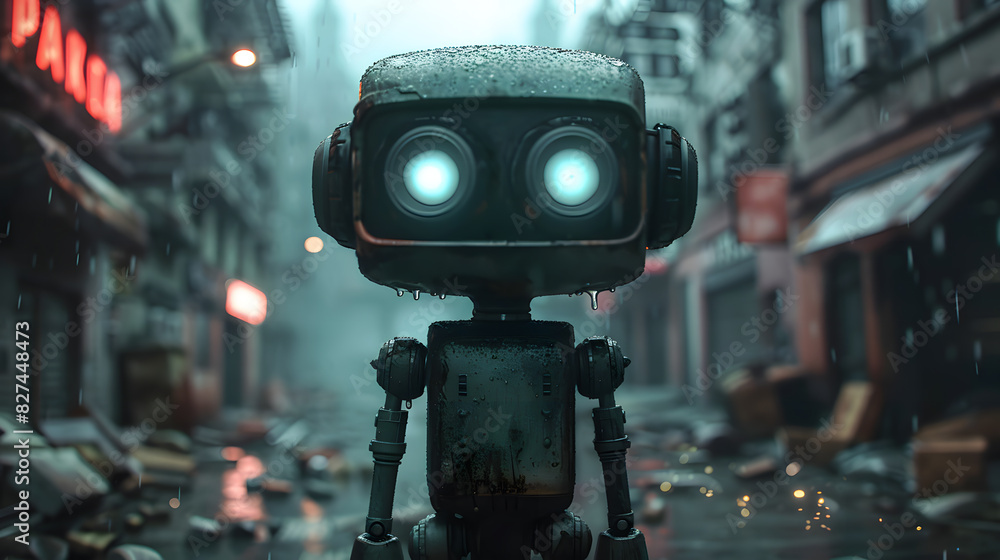Fototapeta premium Cute 3D robot zombie character with glowing eyes surrounded by ghosts