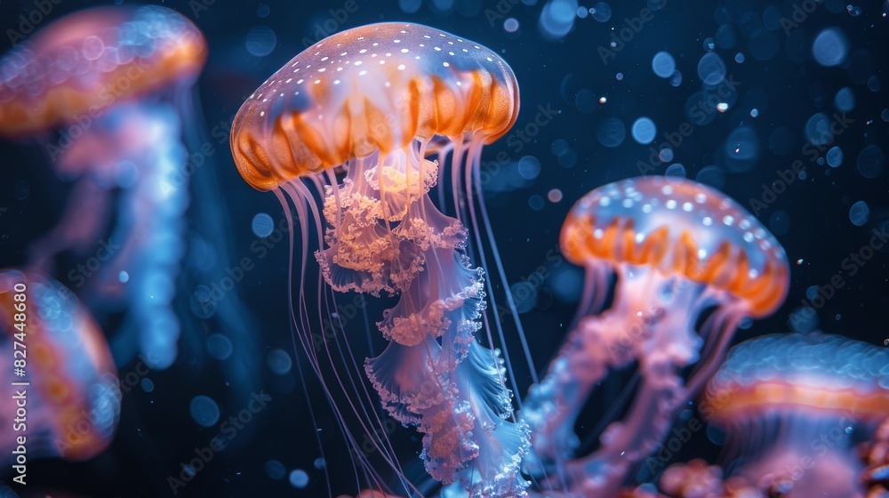 Luminous jellyfish underwater, unique and mystical party background Luminous jellyfish underwater, unique and mystical party background