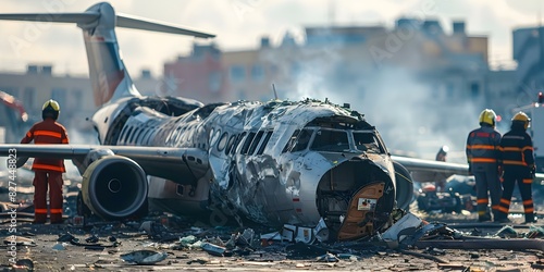 An airport tragedy scene with a crashed passenger plane and emergency responders. Concept Aviation Disaster, Emergency Response, Airport Tragedy, Crash Scene Reconstruction, Passenger Plane Accident