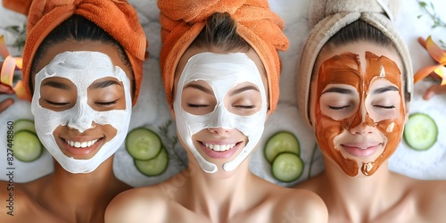 Women enjoy spa day with face masks and cucumber slices relaxation together. Concept Spa Day  Face Masks  Relaxation  Women s Wellness  Self-care