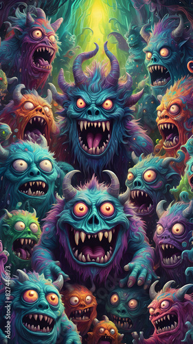 Colorful cute monsters or demons background
