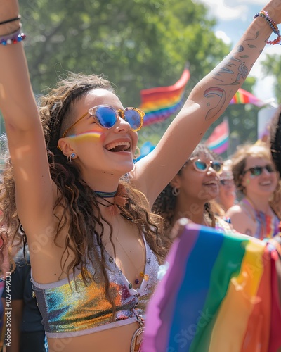 Vibrant Harmony: Bikini-Clad Woman Proudly Waving Rainbow Flag. Generative AI