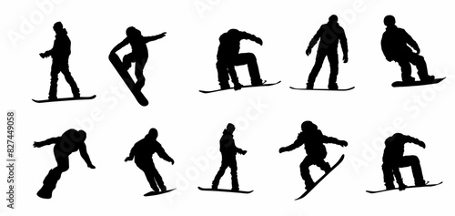 set of snowboard silhouette. Collection of snowboarding rider. 
