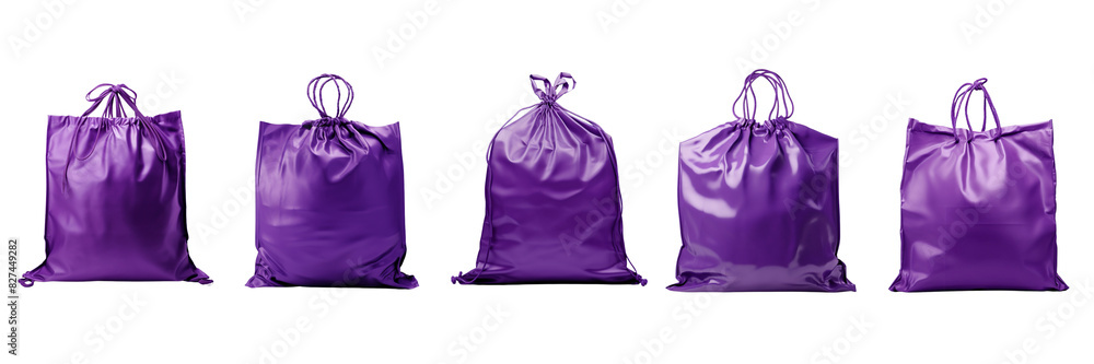 Set of A completely empty purple bag, captured in vivid detail, on a transparent background