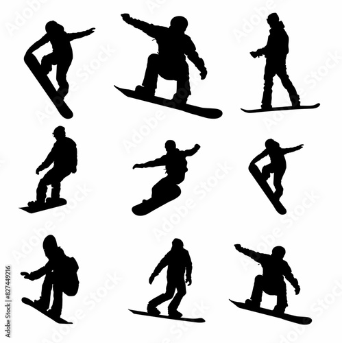 set of snowboard silhouette. Collection of snowboarding rider. 